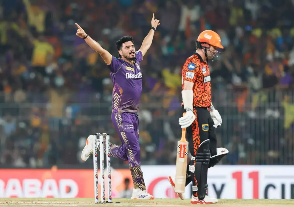 KKRs Vaibhav Arora (left) celebrates dismissing Travis Head for a golden duck. Photo: BCCI