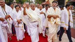 Karnataka Chief Minister Siddaramaiah and Deputy CM DK Shivakumar during a visit to Shri Kshetra Dharmasthala