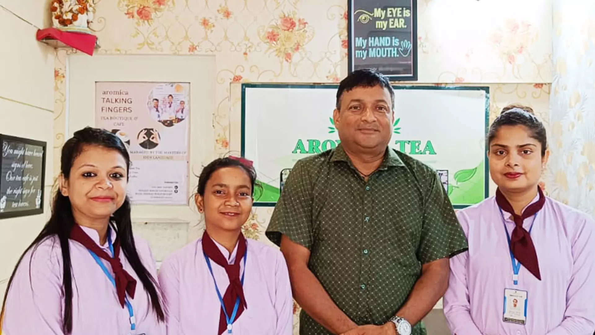 Team Aromica Talking Fingers—Manju Kumari (extreme left), Labhita Nath and Ranjit Baruah (centre) and Gitumoni Thakuria (extreme right)—pose for a picture. Photos: Maitreyee Boruah