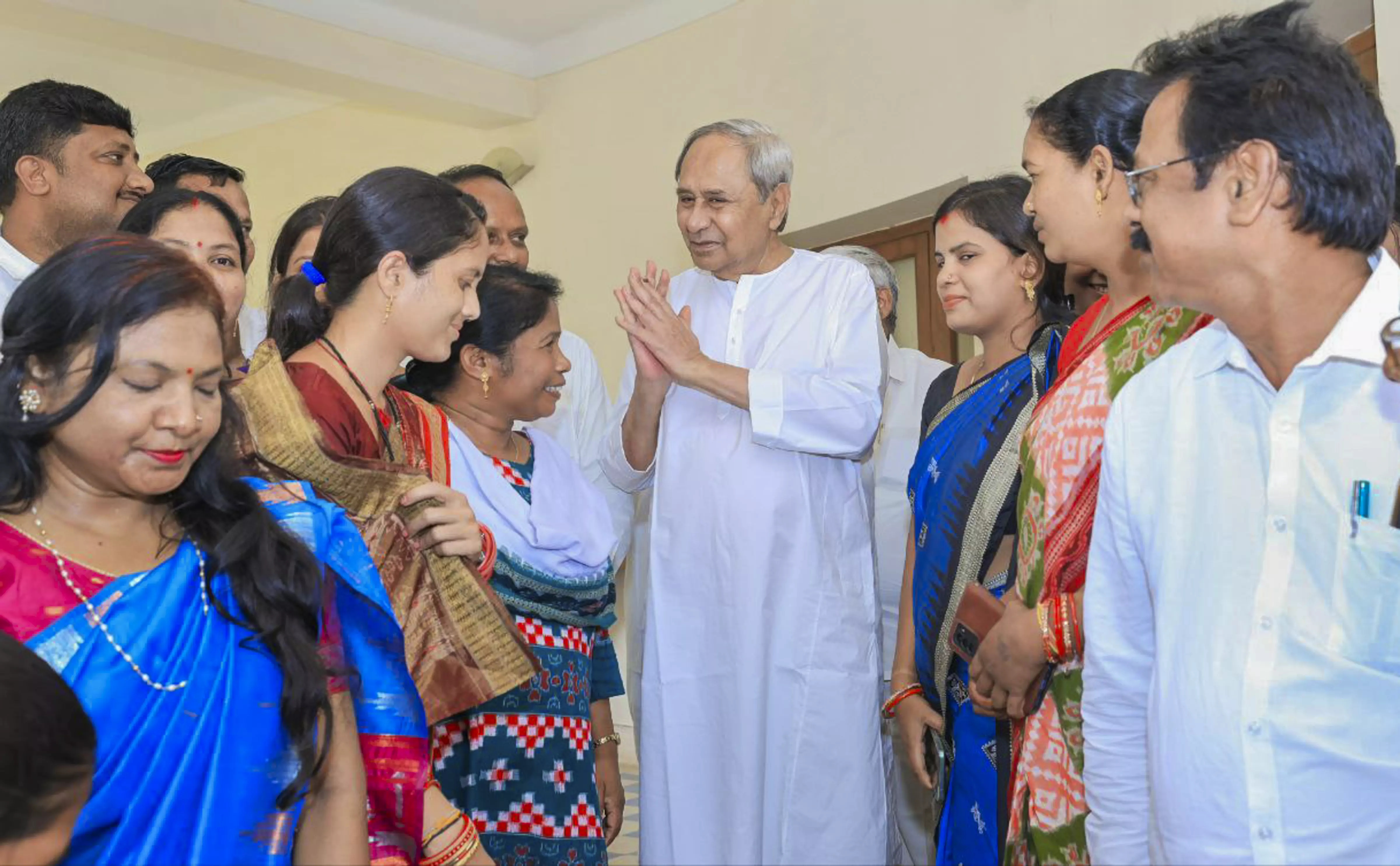  BJD chief and former Odisha Chief Minister Naveen Patnaik is all smiles during a meeting with the party workers from different regions in Bhubaneshwar. Photo: PTI