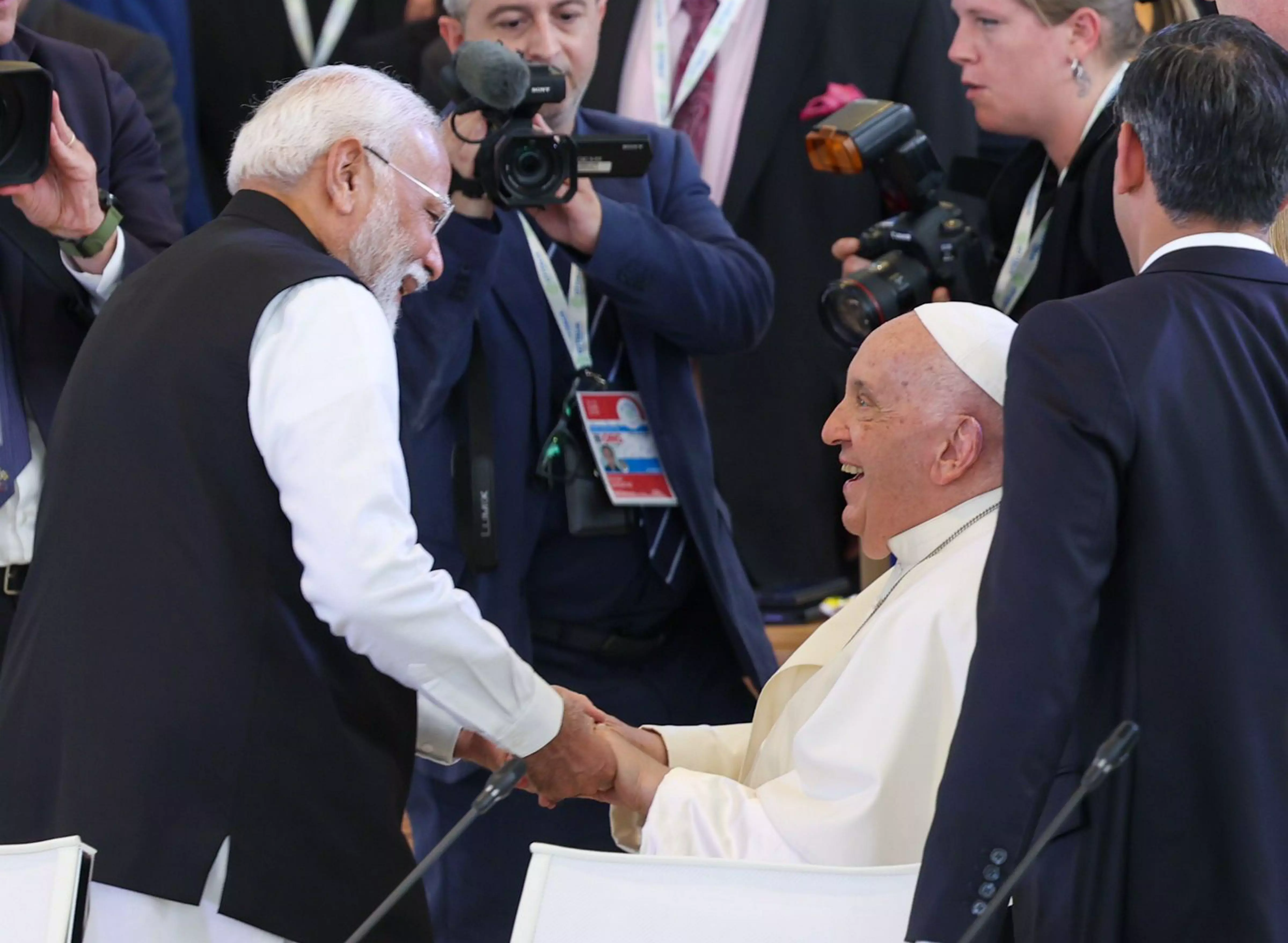 Pope Francis greets Prime Minister Narendra Modi during the G7 Summit at Savelletri Di Fasano in Italy on Friday