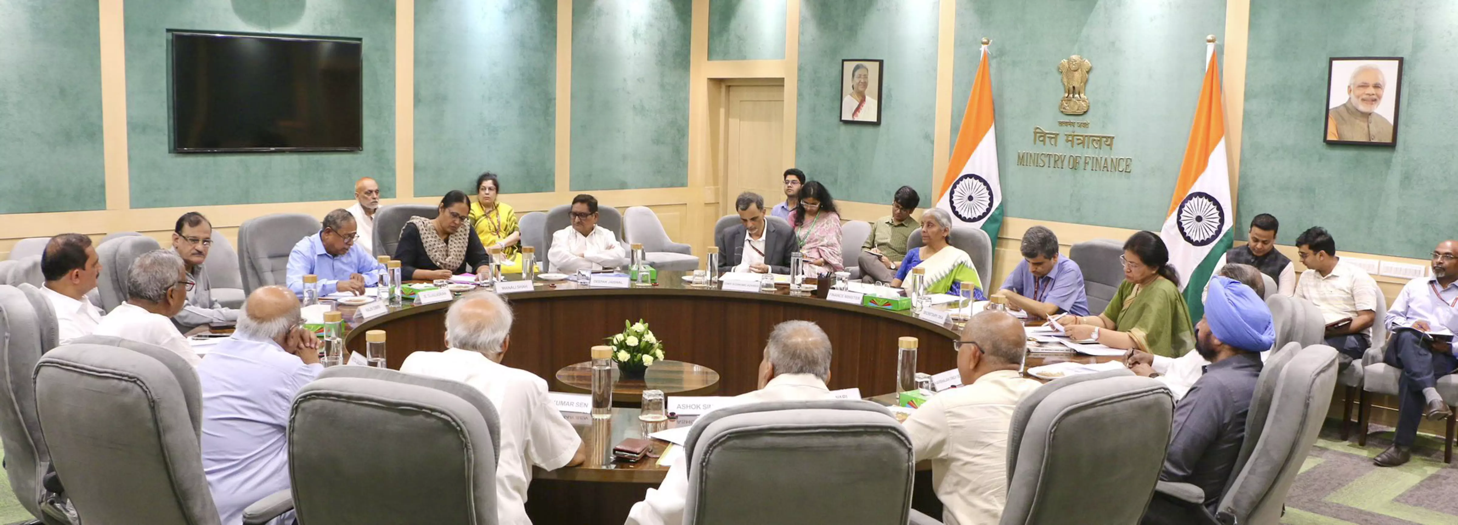 Union Finance Minister Nirmala Sitharaman chairs the pre-budget consultation meeting with representatives of trade unions and labour organisations ahead of the Union Budget 2024-25, in New Delhi. PTI