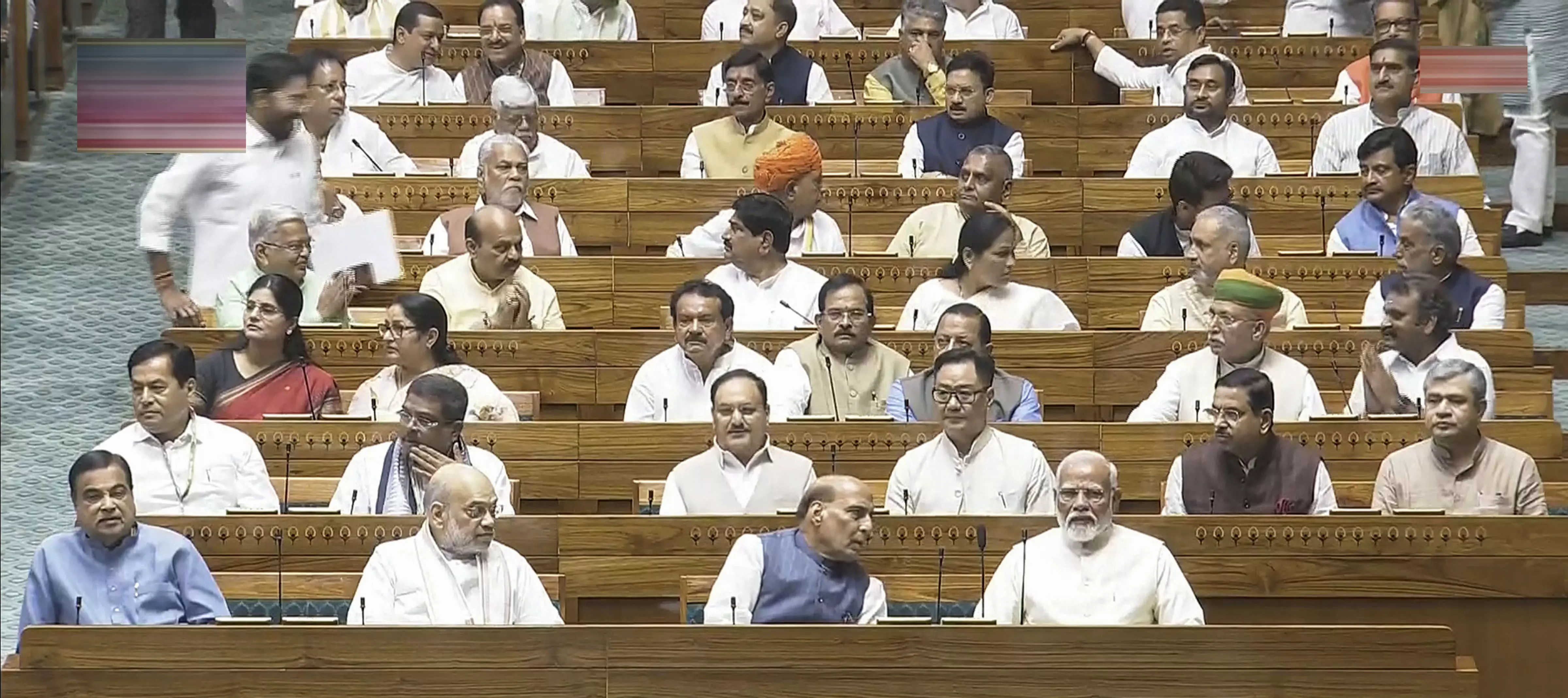Prime Minister Narendra Modi and other ministers and members during the first day of the first session of the newly-constituted 18th Lok Sabha. PTI
