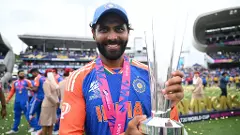 Indias Ravindra Jadeja with the T20 World Cup 2024 trophy