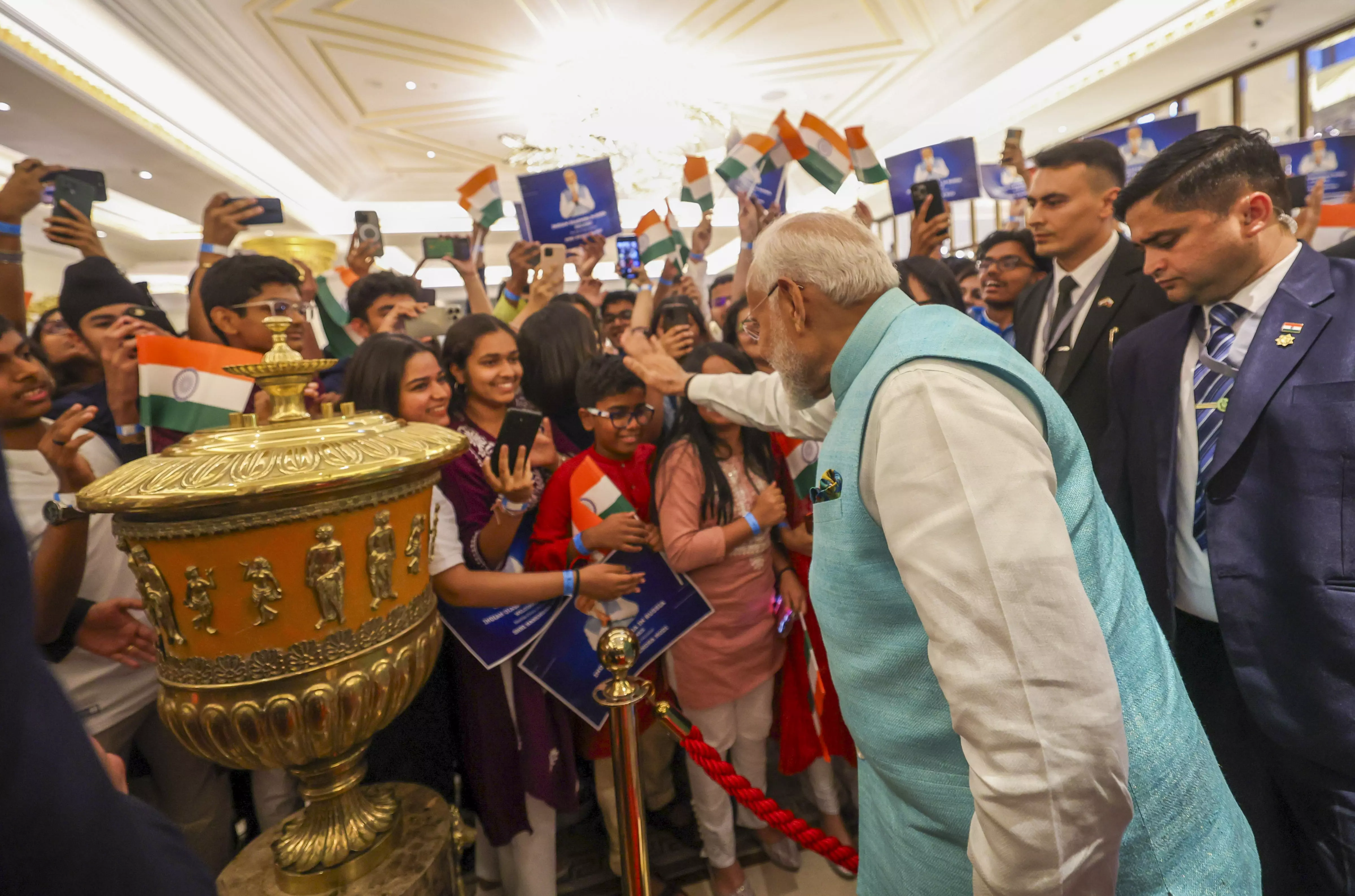 Prime Minister Narendra Modi meets Indian comunity members   in Moscow on Monday.PTI Photo