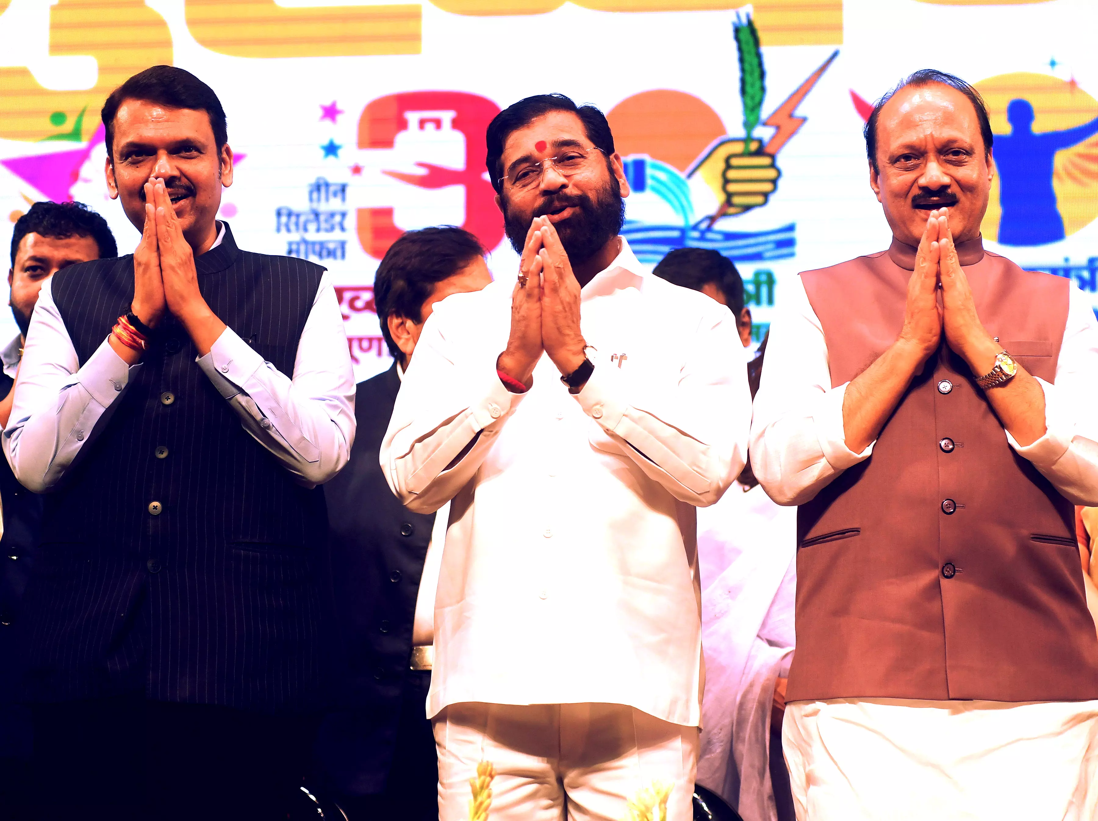 Maharashtra Chief Minister Eknath Shinde (centre) and Deputy Chief Ministers Devendra Fadnavis (left) and Ajit Pawar