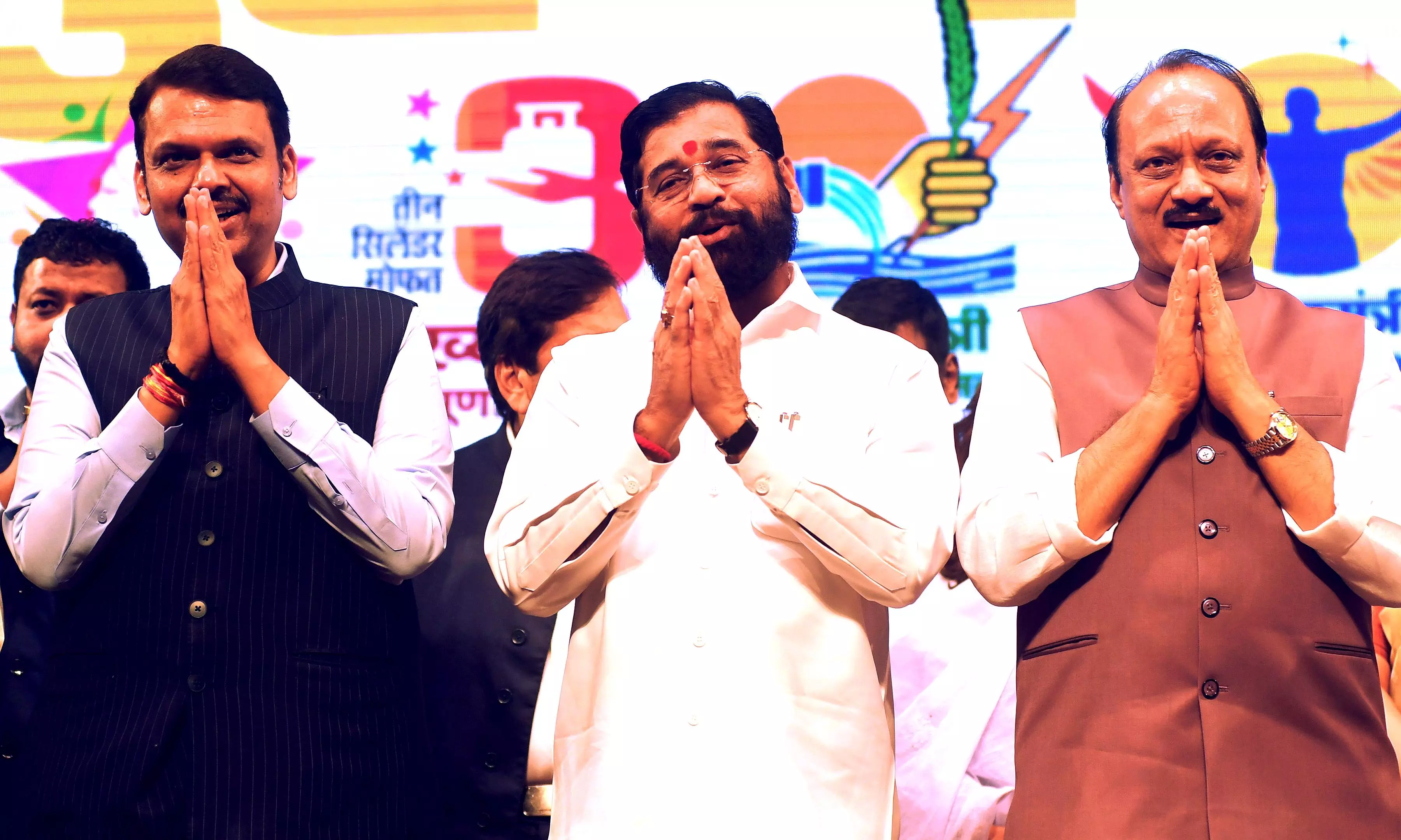 Maharashtra Chief Minister Eknath Shinde (centre) and Deputy Chief Ministers Devendra Fadnavis (left) and Ajit Pawar