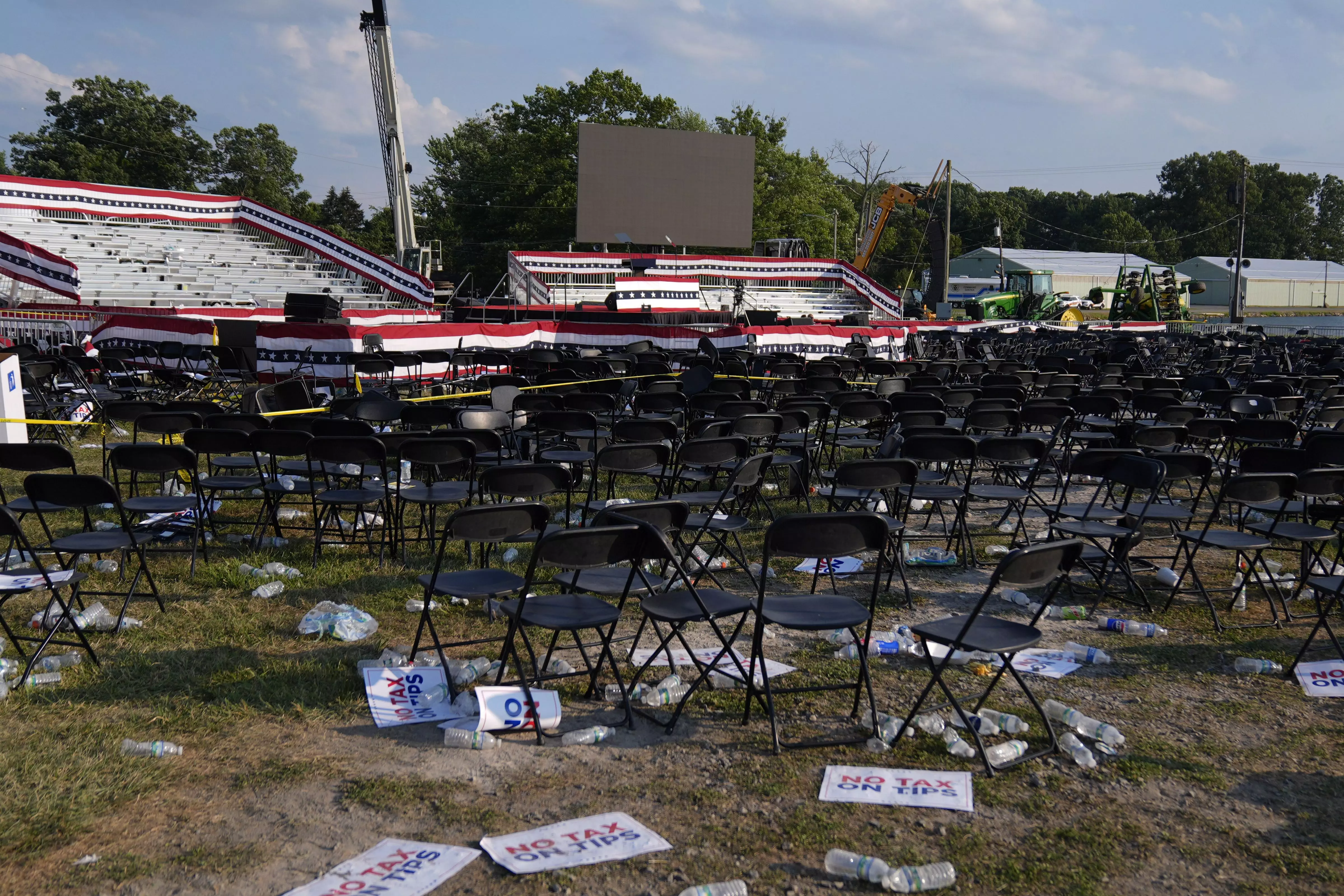 A campaign rally site for Republican presidential candidate former President Donald Trump is empty and littered with debris Saturday, July 13, in Butler, Pennsylvania, USA. AP/PTI