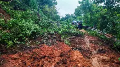 Karnataka: Vehicles stranded on NH-75 after landslide at Shiradi ghat
