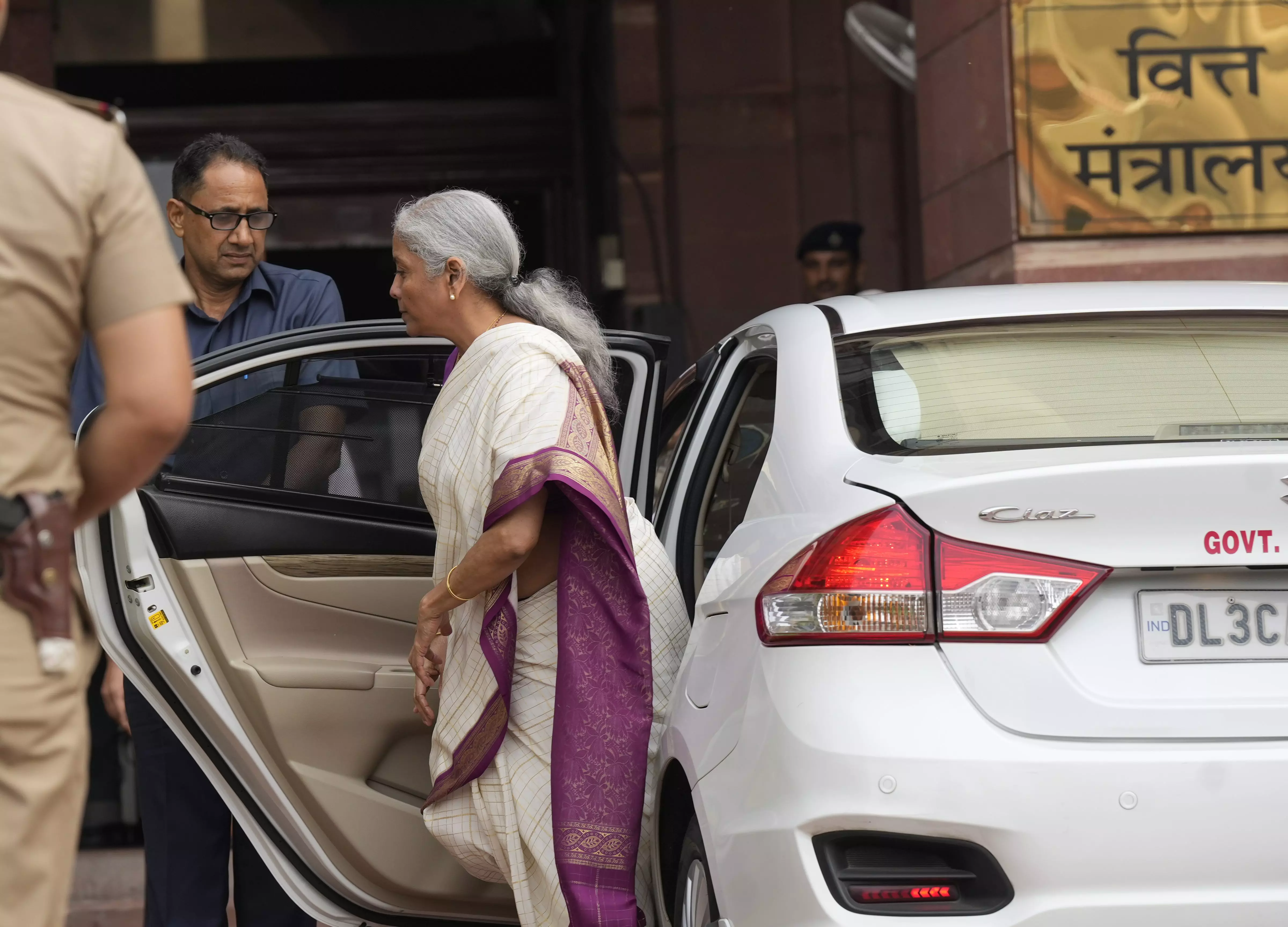 Union Finance Minister Nirmala Sitharaman arrives at Finance Ministry, North Block, who is set to table the Union Budget 2024-25, in New Delhi, on Tuesday, July 23. PTI