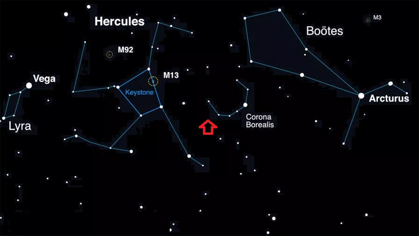 T CrB is located just below the crown of Corona Borealis.