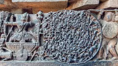 Hindu epic Mahabharata scene on carvings. Story of warrior Abhimanyu entering the Chakravyuha on stone artworks