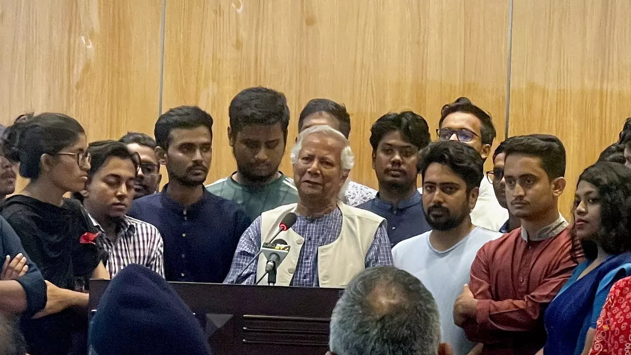 Muhammad Yunus speaks to media in Dhaka on his arrival from Paris on Thursday. Photo: Photo: PTI