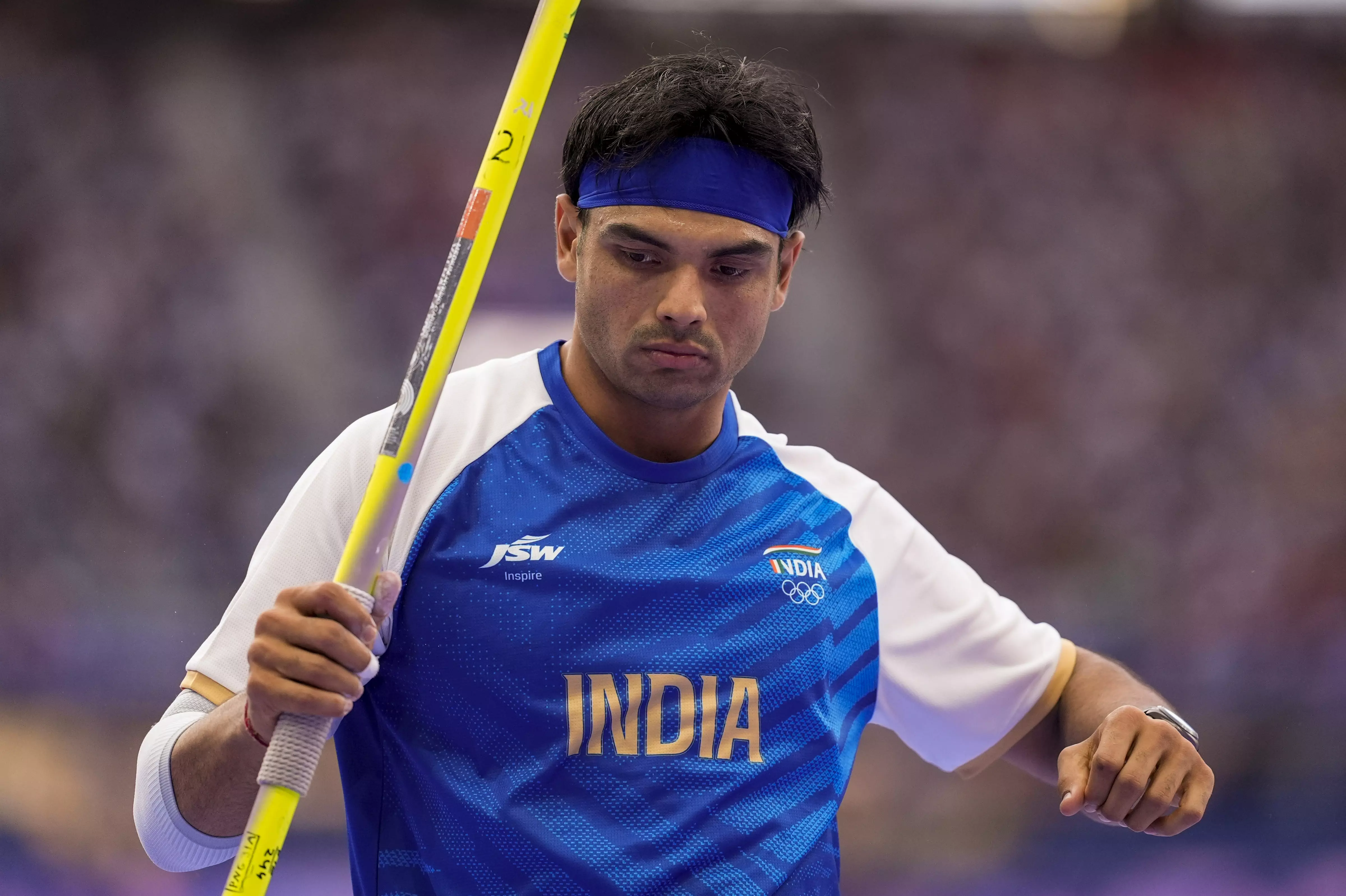 Indian javelin thrower Neeraj Chopra competes at the Paris Olympics 2024