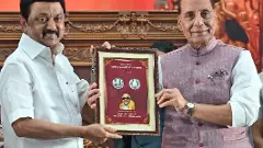 Tamil Nadu Chief Minister MK Stalin (left) with Defence Minister Rajnath Singh