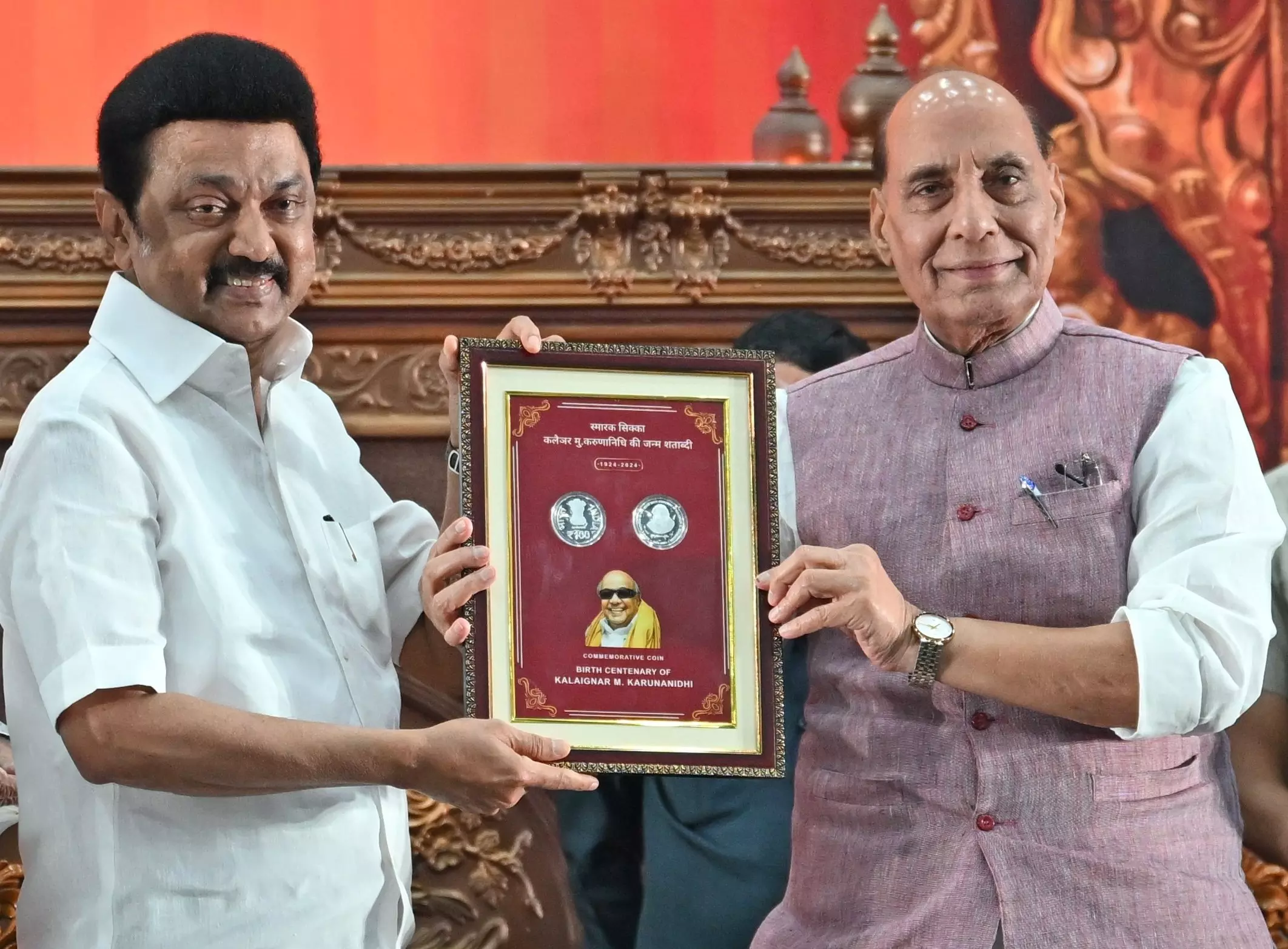 Tamil Nadu Chief Minister MK Stalin (left) with Defence Minister Rajnath Singh