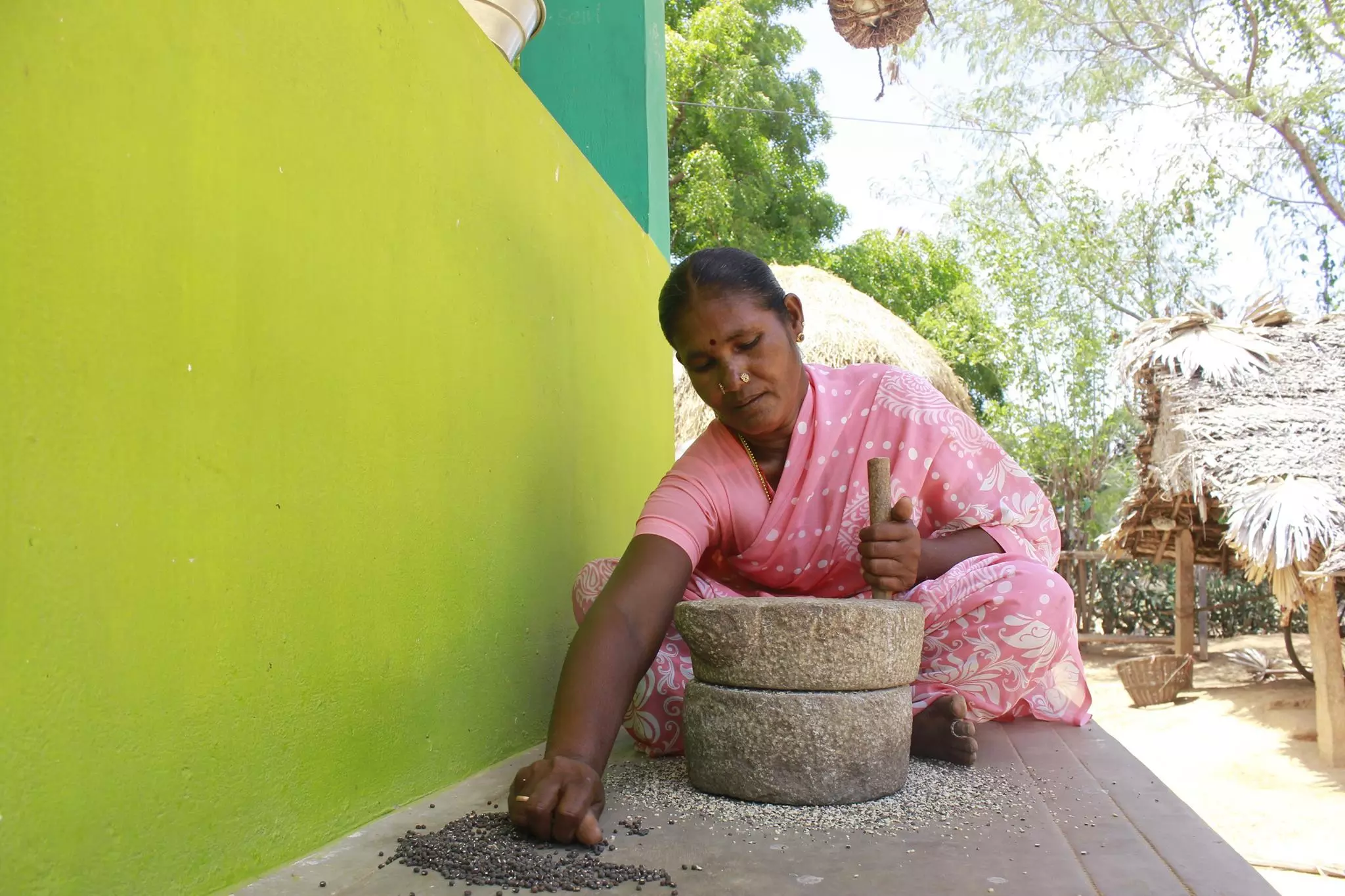 A tribal woman grinds traditional grain in Kolli Hills. Photos: MSSRF