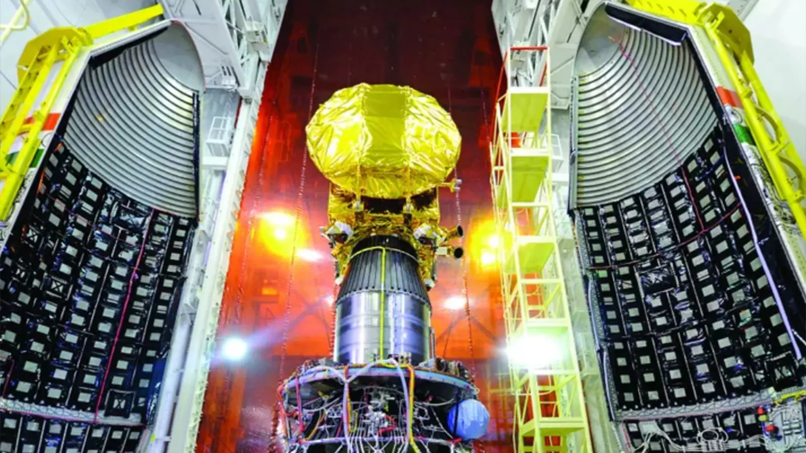 Mars Orbiter spacecraft mounted on top of the PSLV, just before heat-shield closure.