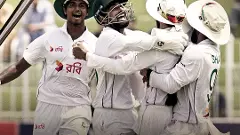 Bangladesh players celebrate their historic Test win over Pakistan in Rawalpindi