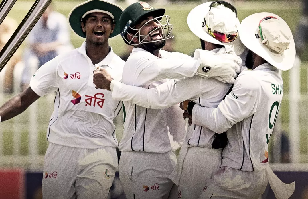 Bangladesh players celebrate their historic Test win over Pakistan in Rawalpindi