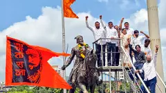 Members of Maratha community stage a protest near the statue of Chhatrapati Shivaji Maharaj against the recent collapse of Malvan. PTI Photo