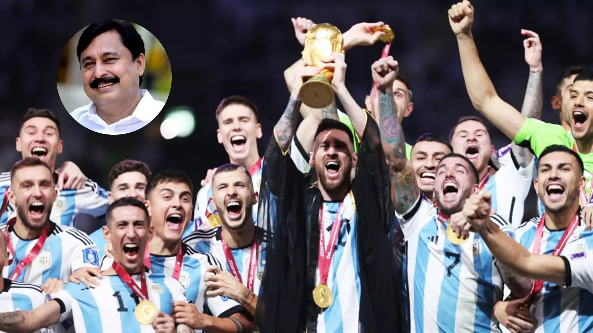 Argentina team celebrates World Cup win in 2022. (Inset) Minister V Abdurahiman