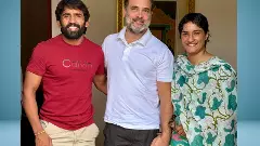 Leader of Opposition in Lok Sabha Rahul Gandhi with wrestlers Bajrang Punia (left) and Vinesh Phogat