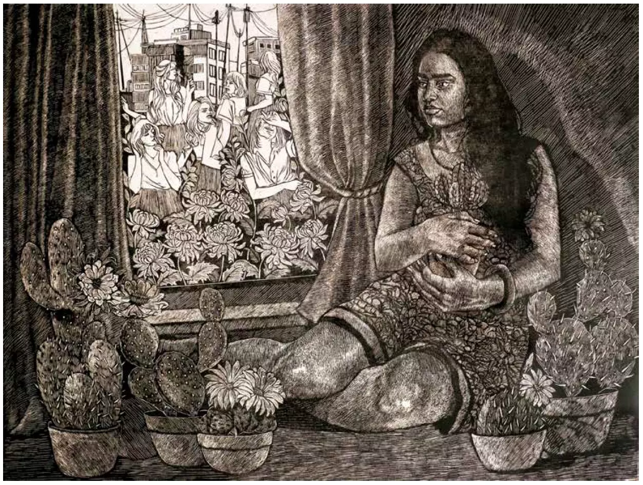 Dissatisfaction, a woodcut by Spriha Maurya.