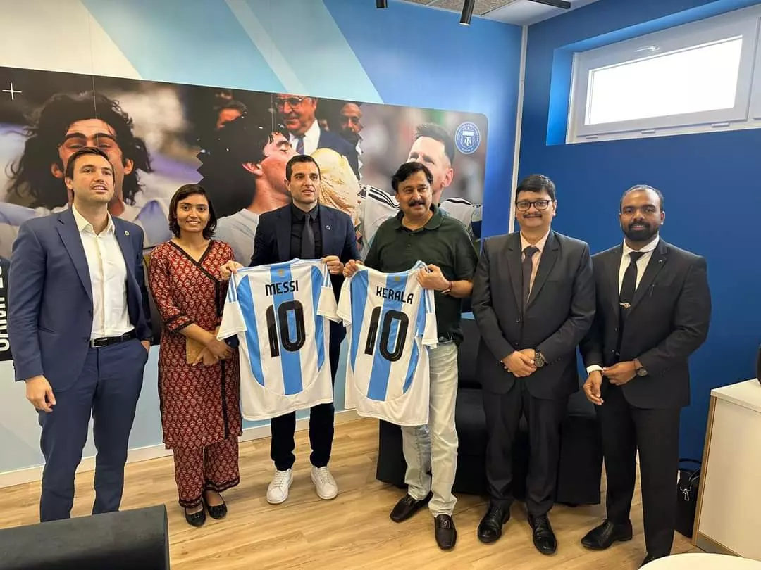 Kerala Sports Minister V Abdurahiman and team along with Argentine officials in Madrid.