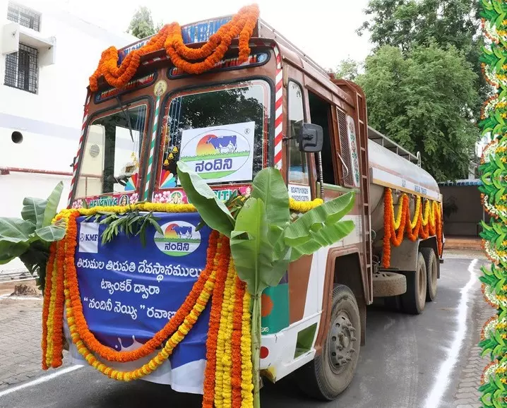 A Karnataka Milk Federation (KMF) container with Nandini ghee supplied to Tirumala Balaji temple in Tirupati