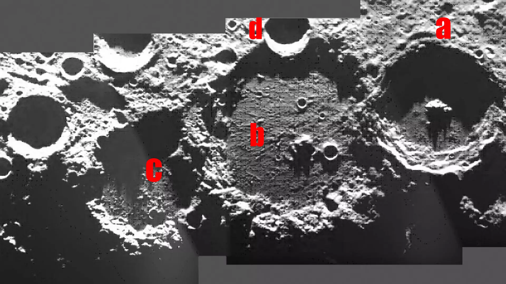 Observe the rim of a is complete while that of b is partially damaged due to a. Therefore, we can conclude that a is after b, and b is after c, but d is after b from the images.