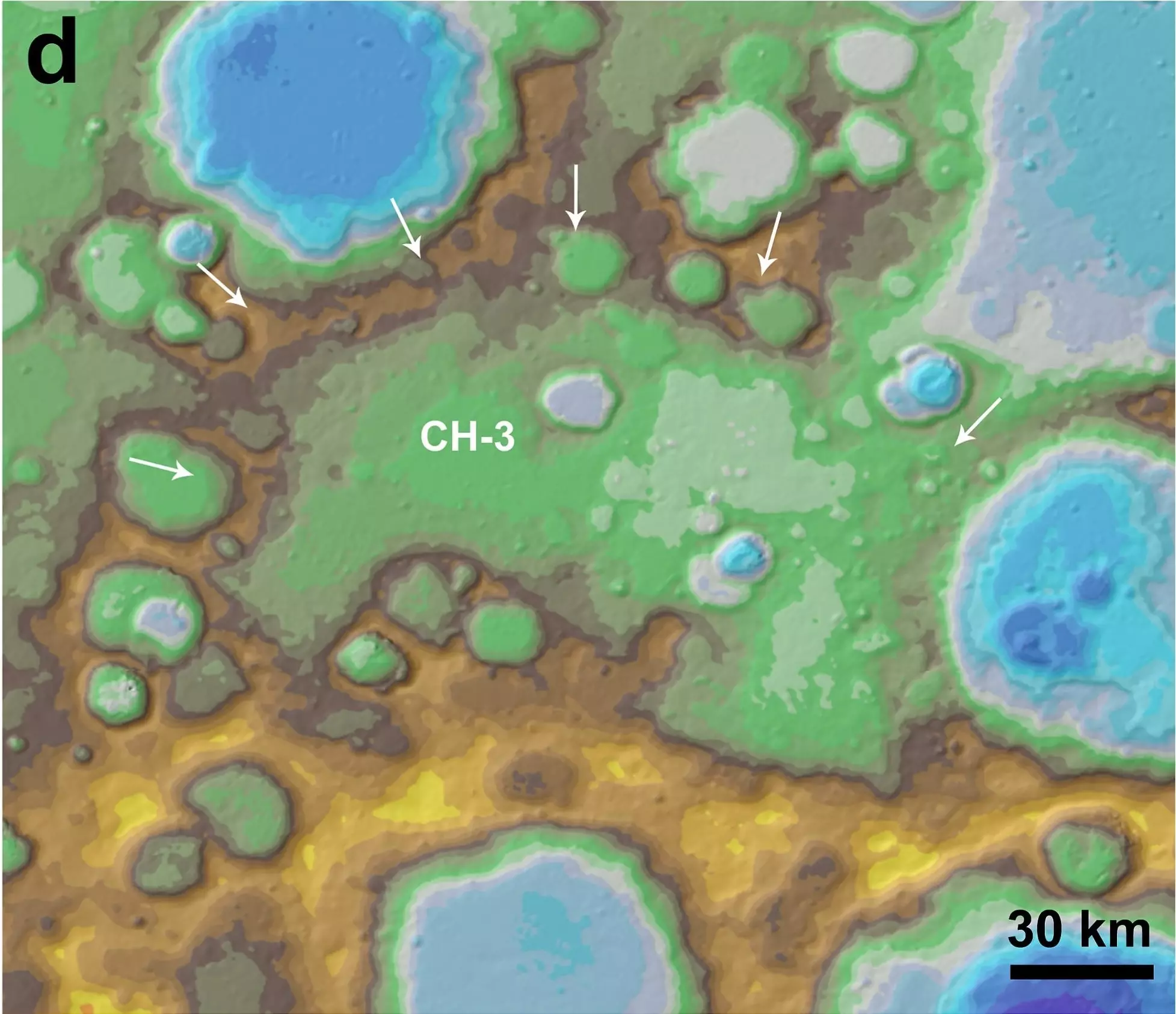 The partially degraded and buried semi-circular ancient crater can be seen in the above image.