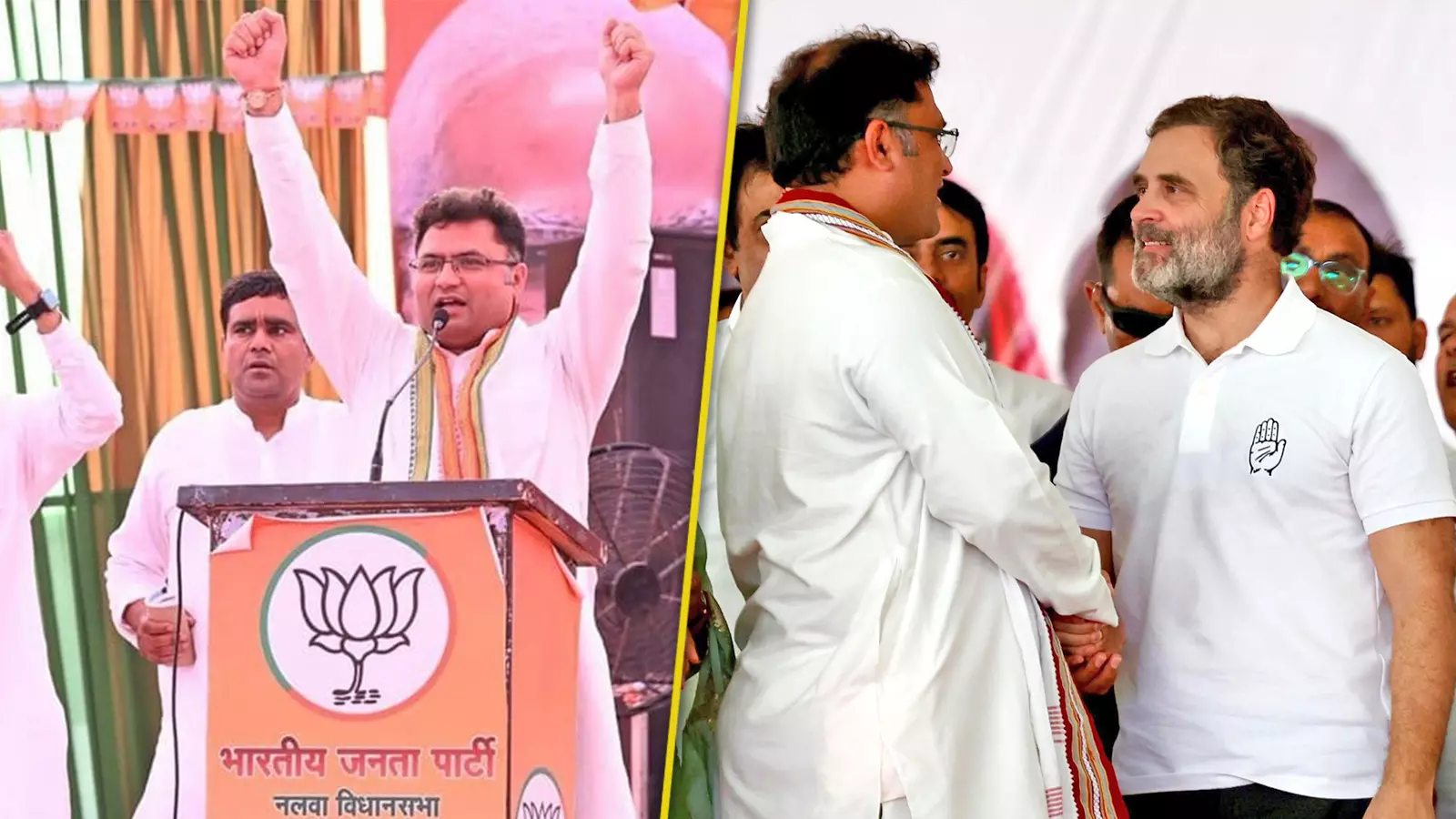 ALL IN A DAY! (Left) Ashok Tanwar at a BJP poll meeting later earlier in the day. (Right) Hours later, he was seen with Rahul Gandhi at the Mahendragarh rally on Thursday (October 3) | The Federal