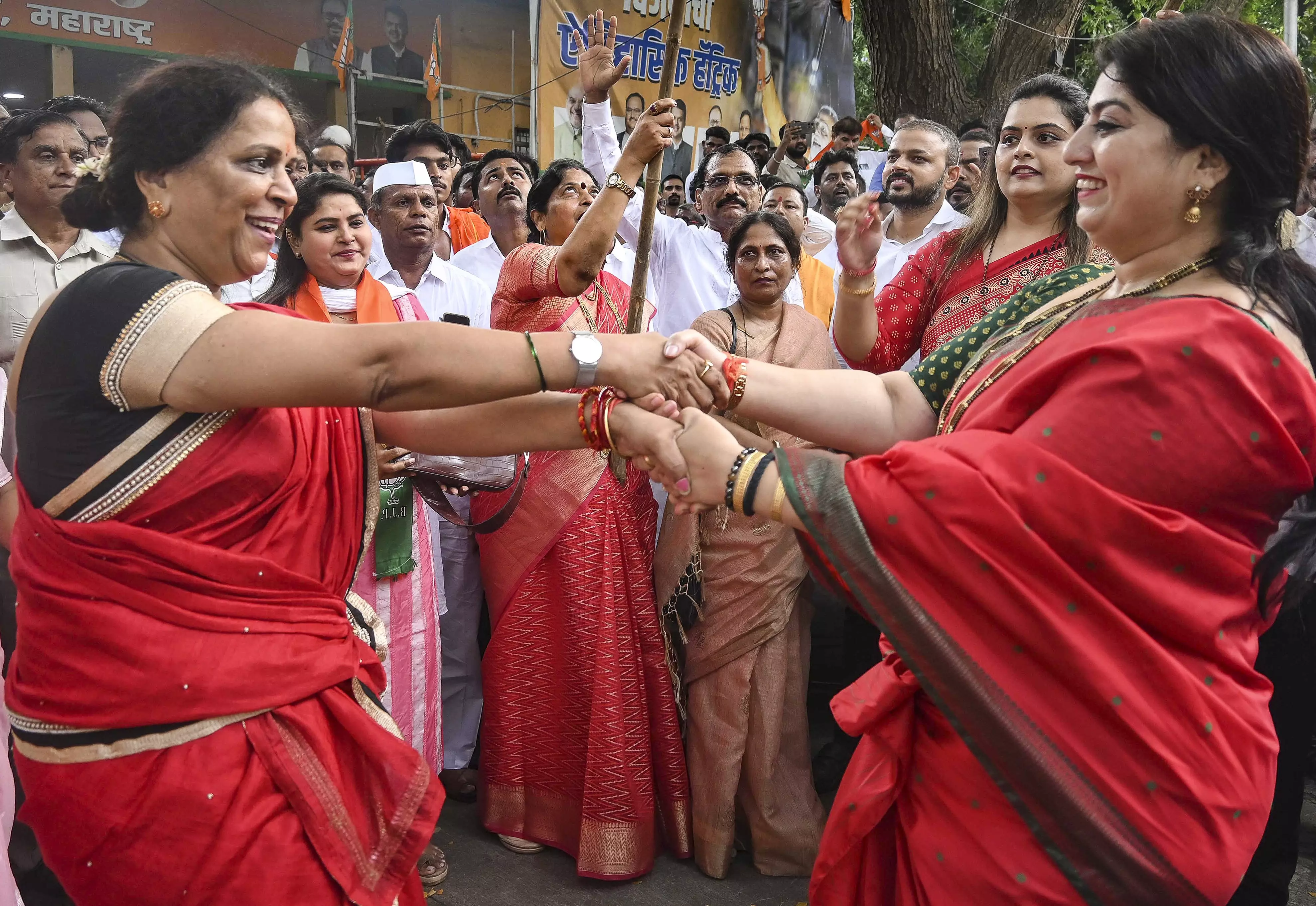 BJP leaders and workers celebrate amid the partys win in the Haryana Assembly elections