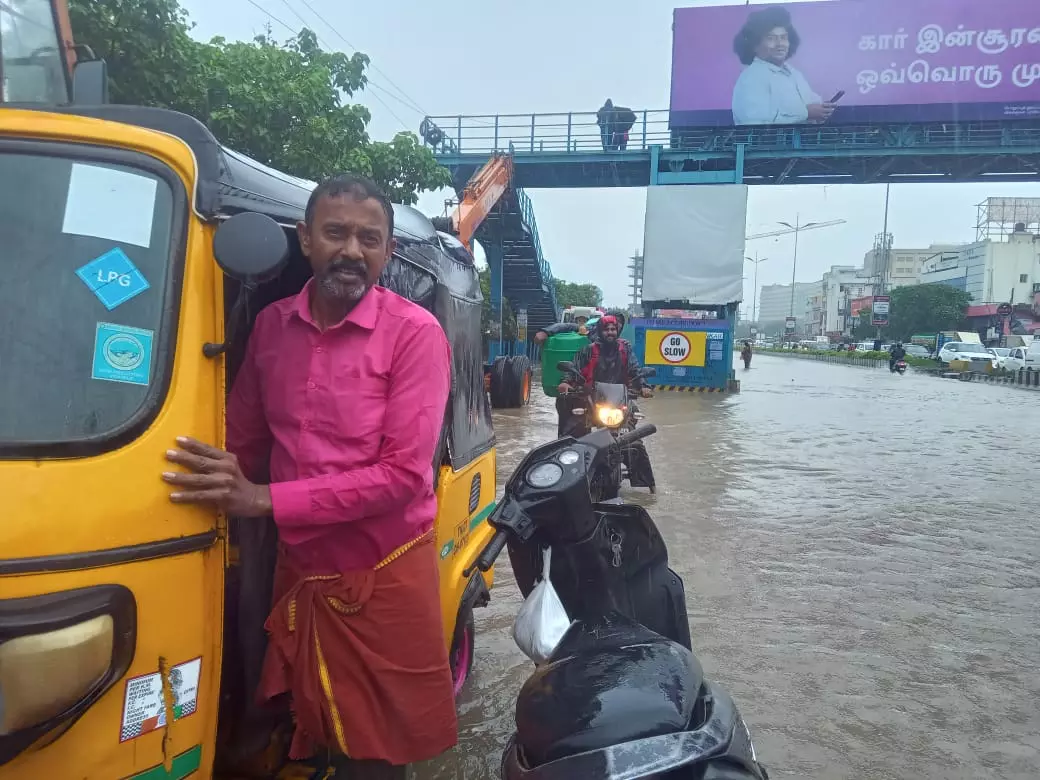 K Venkatesan (56) pushed his auto for 2 km as it got stranded in floodwaters at Pallikaranai, which used to be a wetland. Encroachments of waterbodies and concretisation of wetlands are major factors that result in flooding in many parts of  Chennai