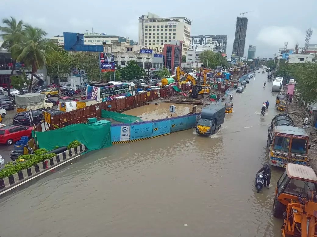 The Chennai Metro Rail phase 2 construction spot was flooded on Tuesday