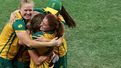 South African players celebrate their win over Australia in the semi-finals of the ICC Womens T20 World Cup 2024