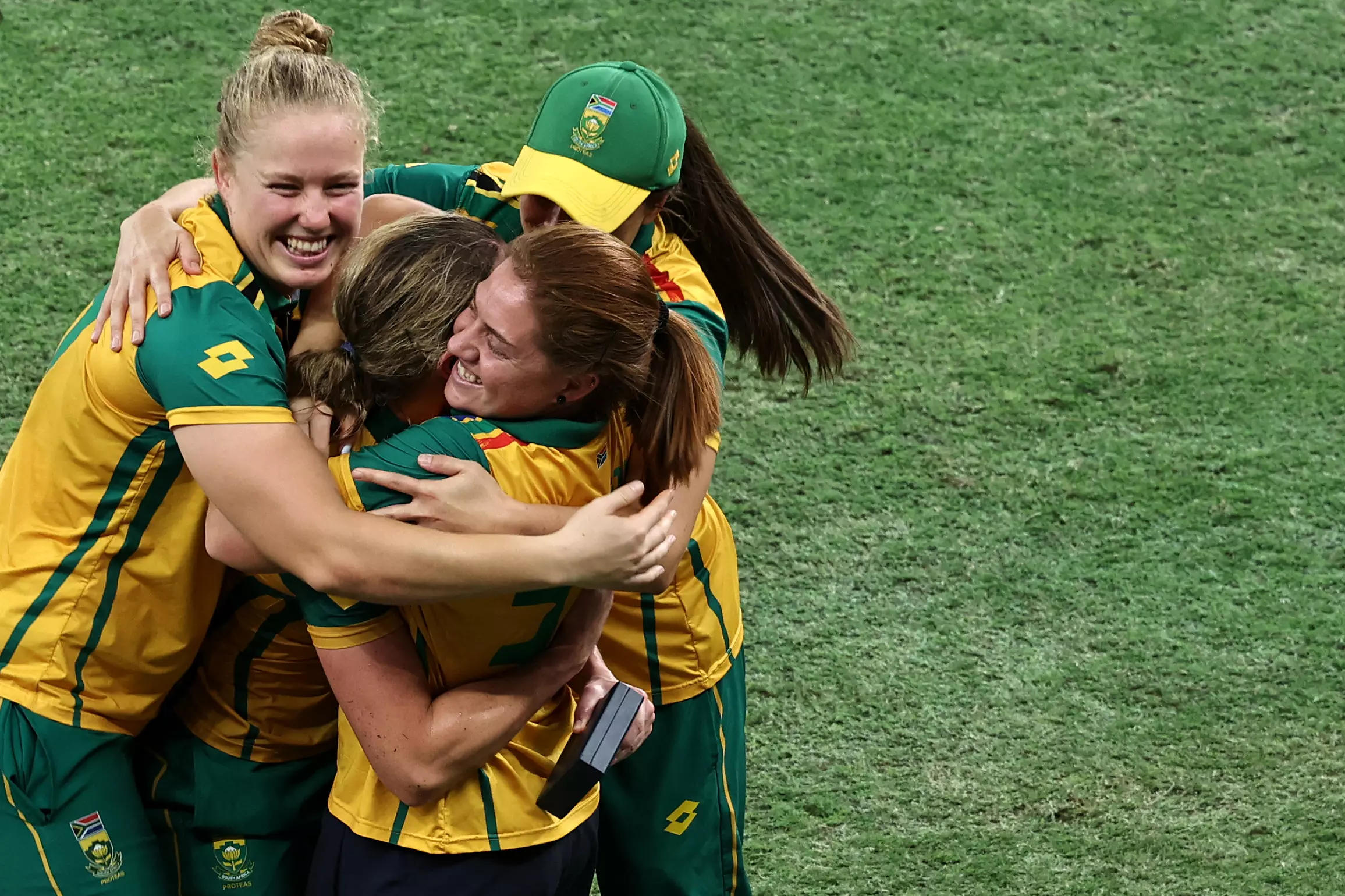 South African players celebrate their win over Australia in the semi-finals of the ICC Womens T20 World Cup 2024