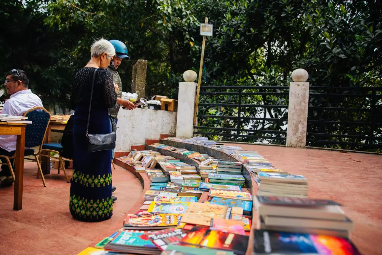 An array of books on display at the festival venue.