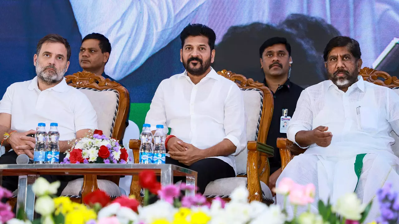 Congress MP Rahul Gandhi, Telangana Chief Minister A Revanth Reddy and Deputy CM Bhatti Vikramarka at the State Level Consultation on Caste Census at Bowenpally, Hyderabad, Tuesday, Nov. 5, 2024. (PTI Photo)