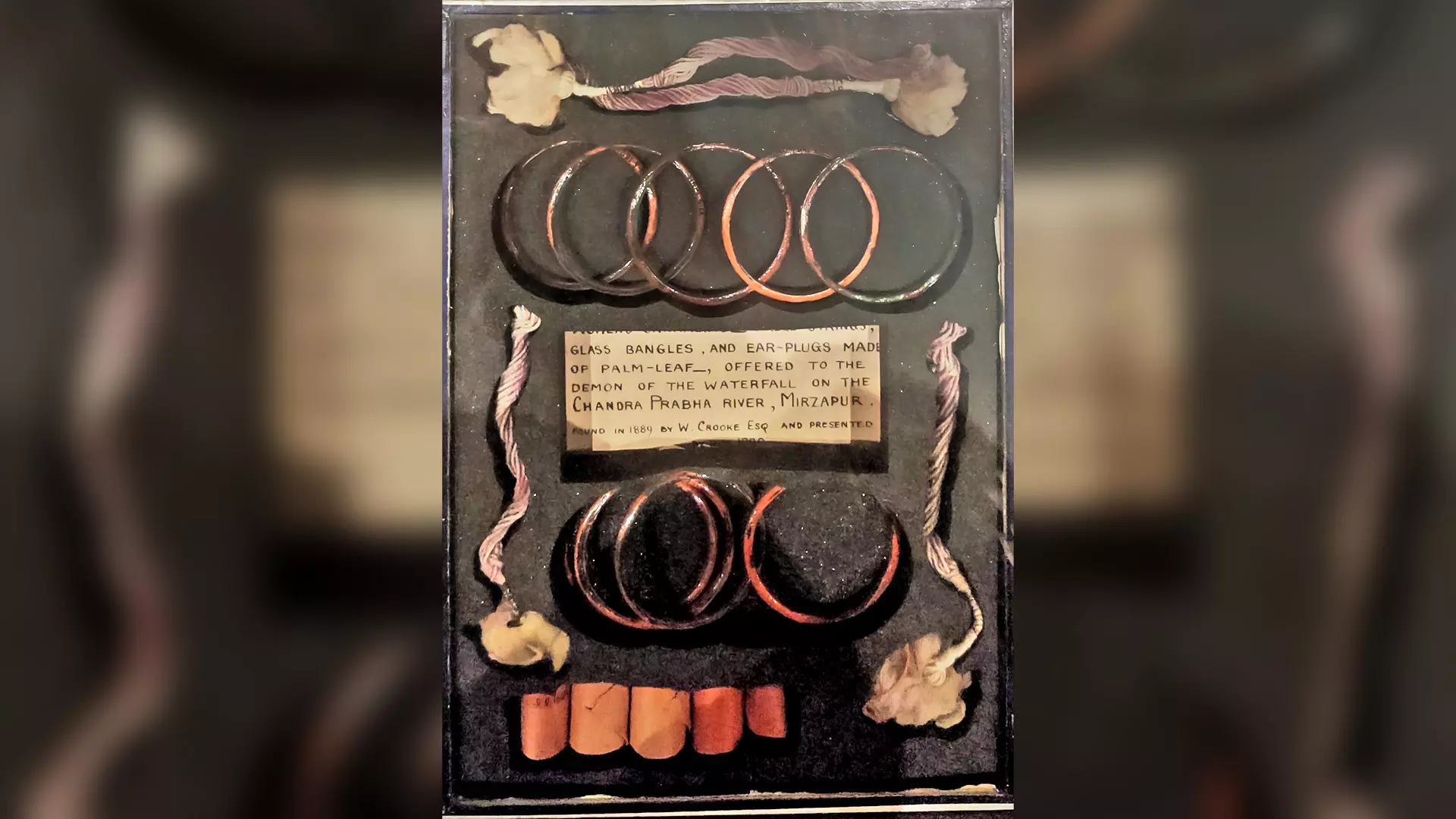 Glass bangles and ear-plugs made of palm-leaf offered to the demon of the waterfall on Chandraprabha river.