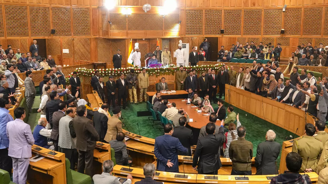Opposition legislators stage a protest over the Article 370 restoration resolution in the Jammu and Kashmir Assembly