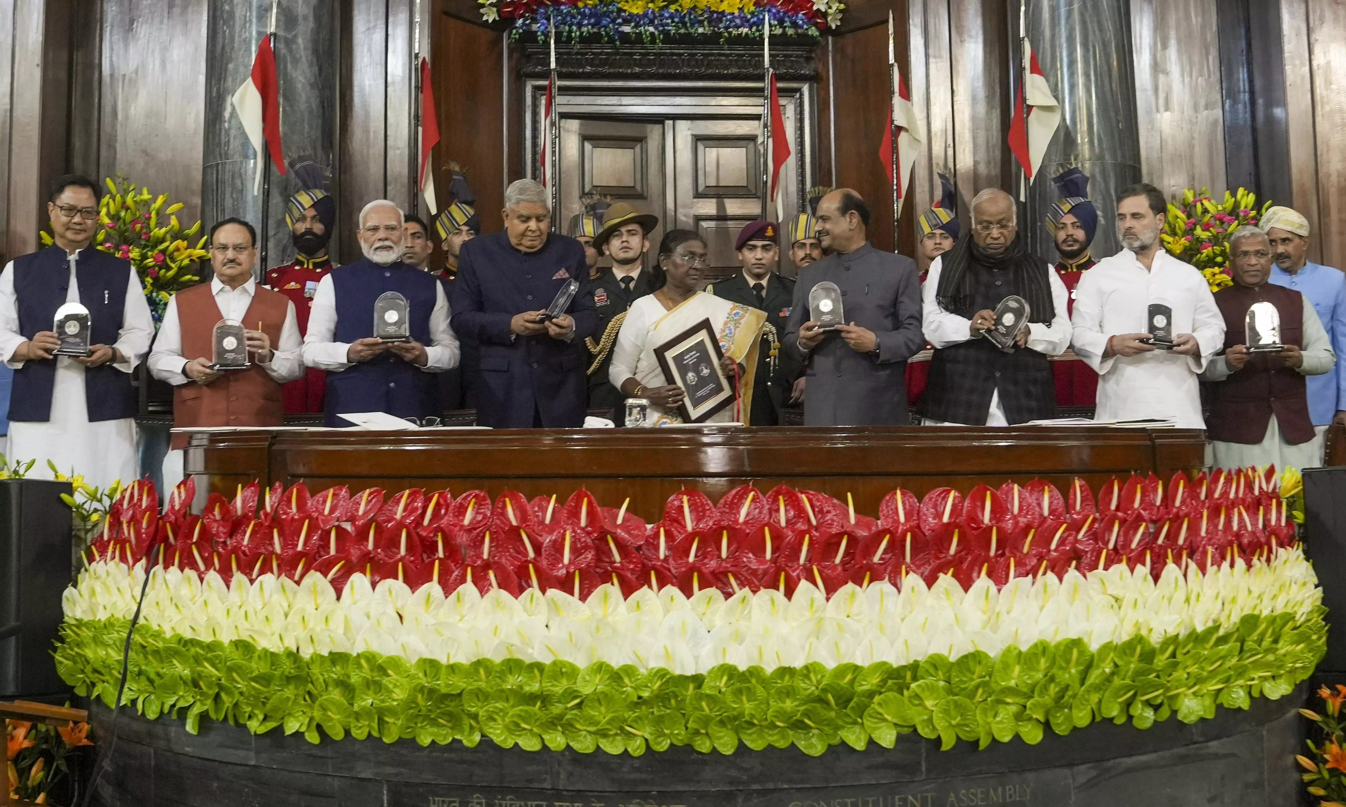 Droupadi Murmu, Jagdeep Dhankhar, Narendra Modi, Om Birla, Mallikarjun Kharge, Rahul Gandhi, Constitution Day