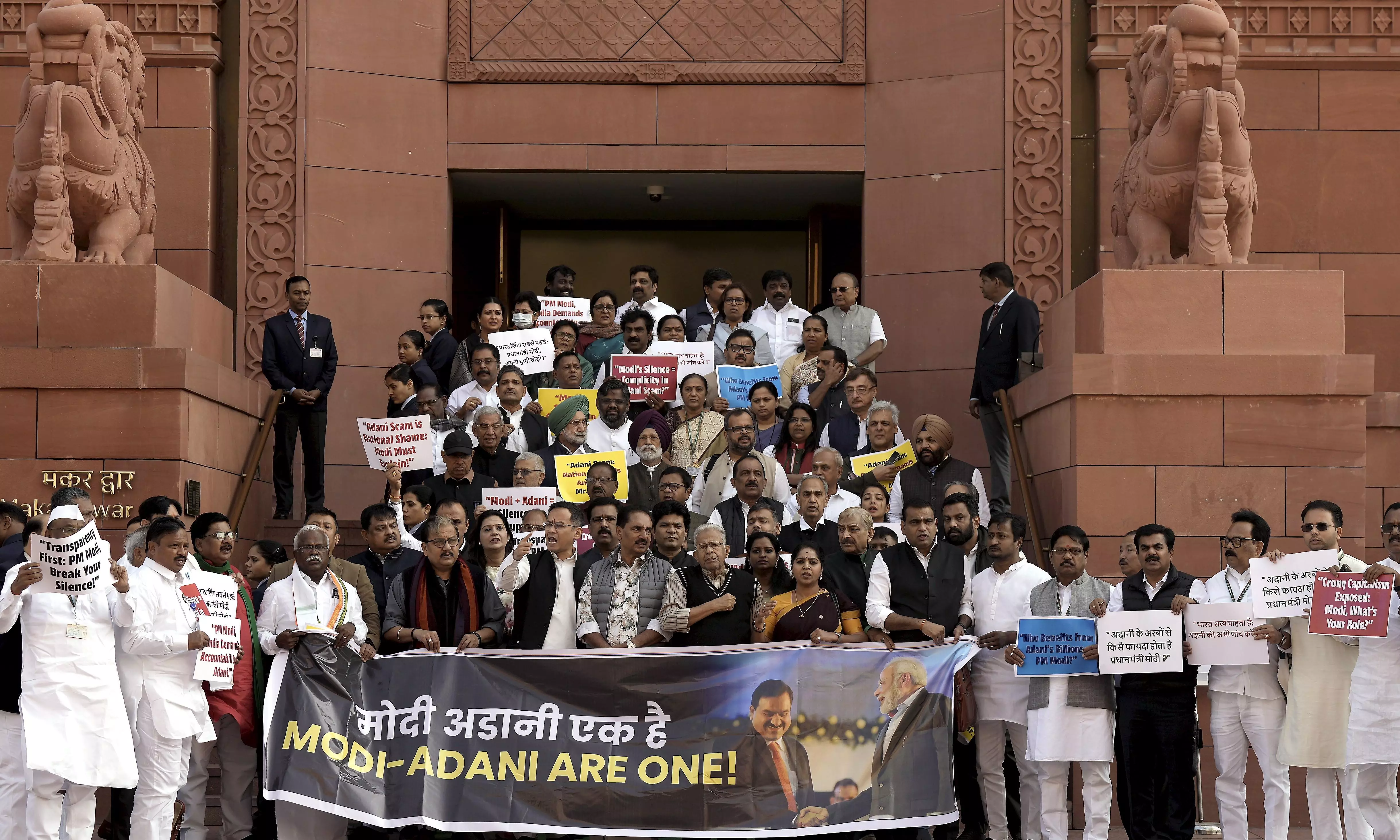 Demand for JPC probe into Adani issue: INDIA bloc MPs protest in Parliament complex