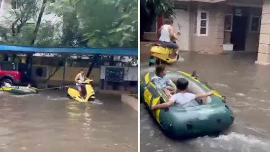 Cyclone Fengal aftermath: Chennai man creates fun boat ride for grandkids in flooded apartment complex