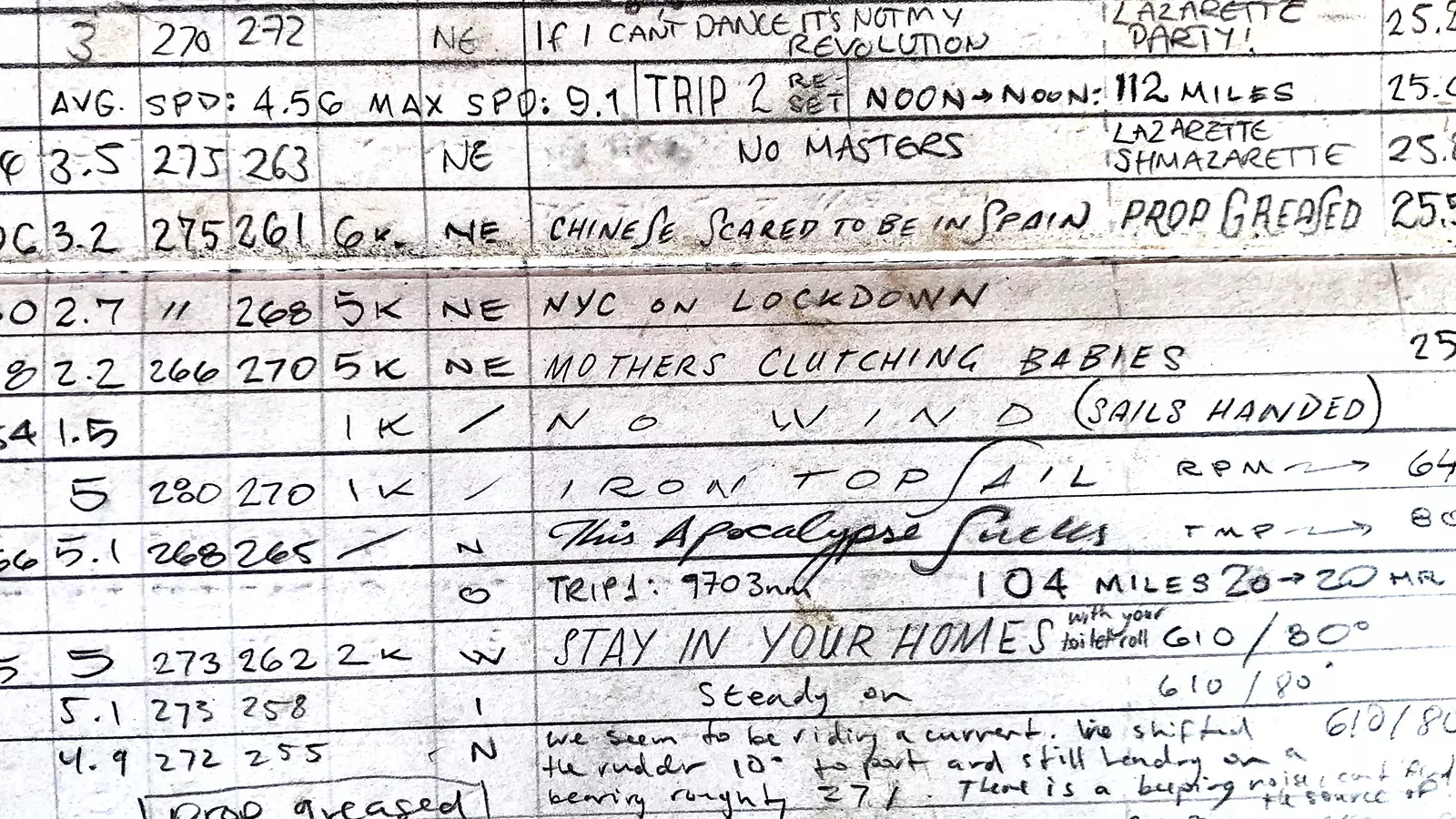 News of the pandemic in the log book from Pacific crossing February 2020 by Grey Filastine.