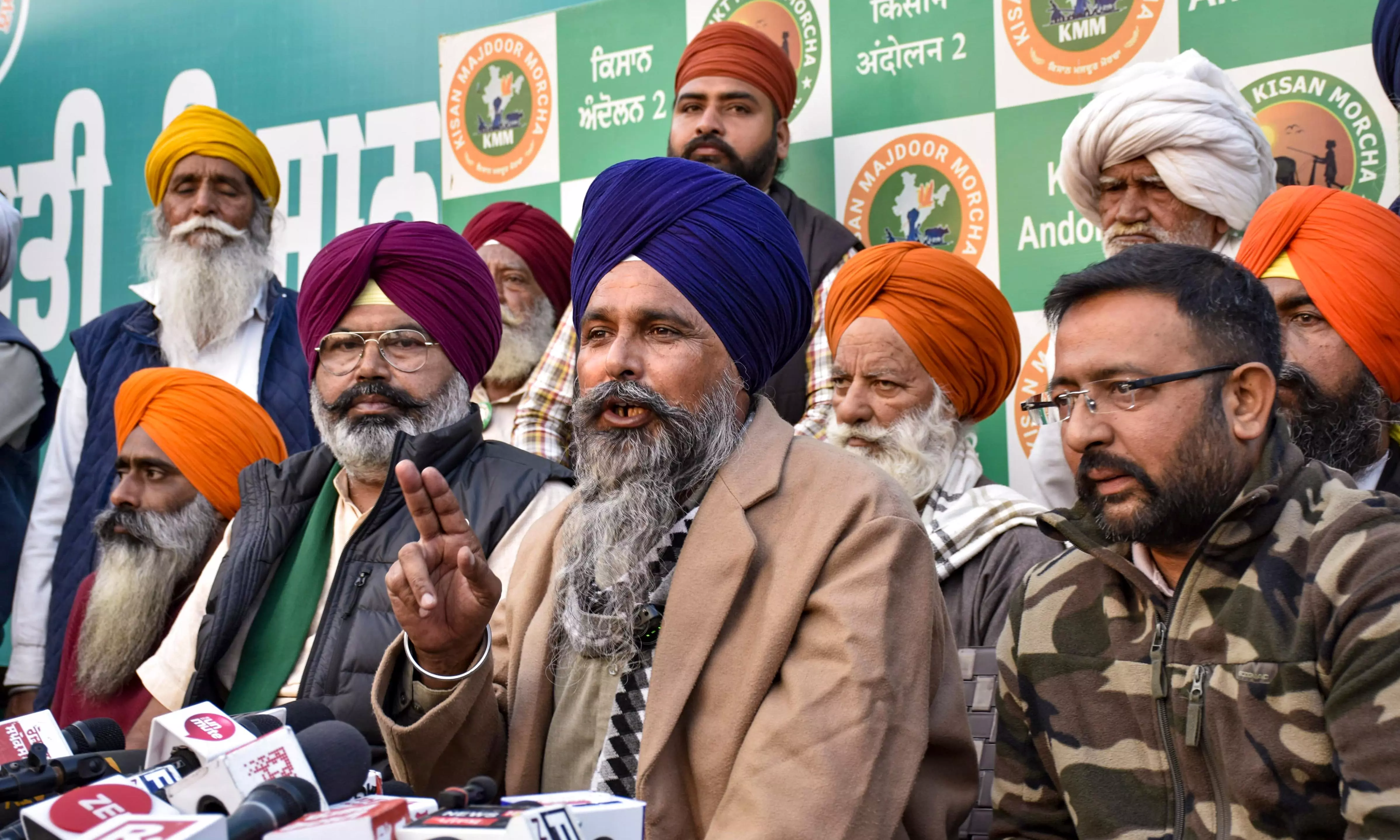 Punjab farmer leader Sarwan Singh Pandher with other leaders at a press conference at the Shambhu Border, in Patiala district, Punjab, Saturday, Dec. 7, 2024. Image: PTI