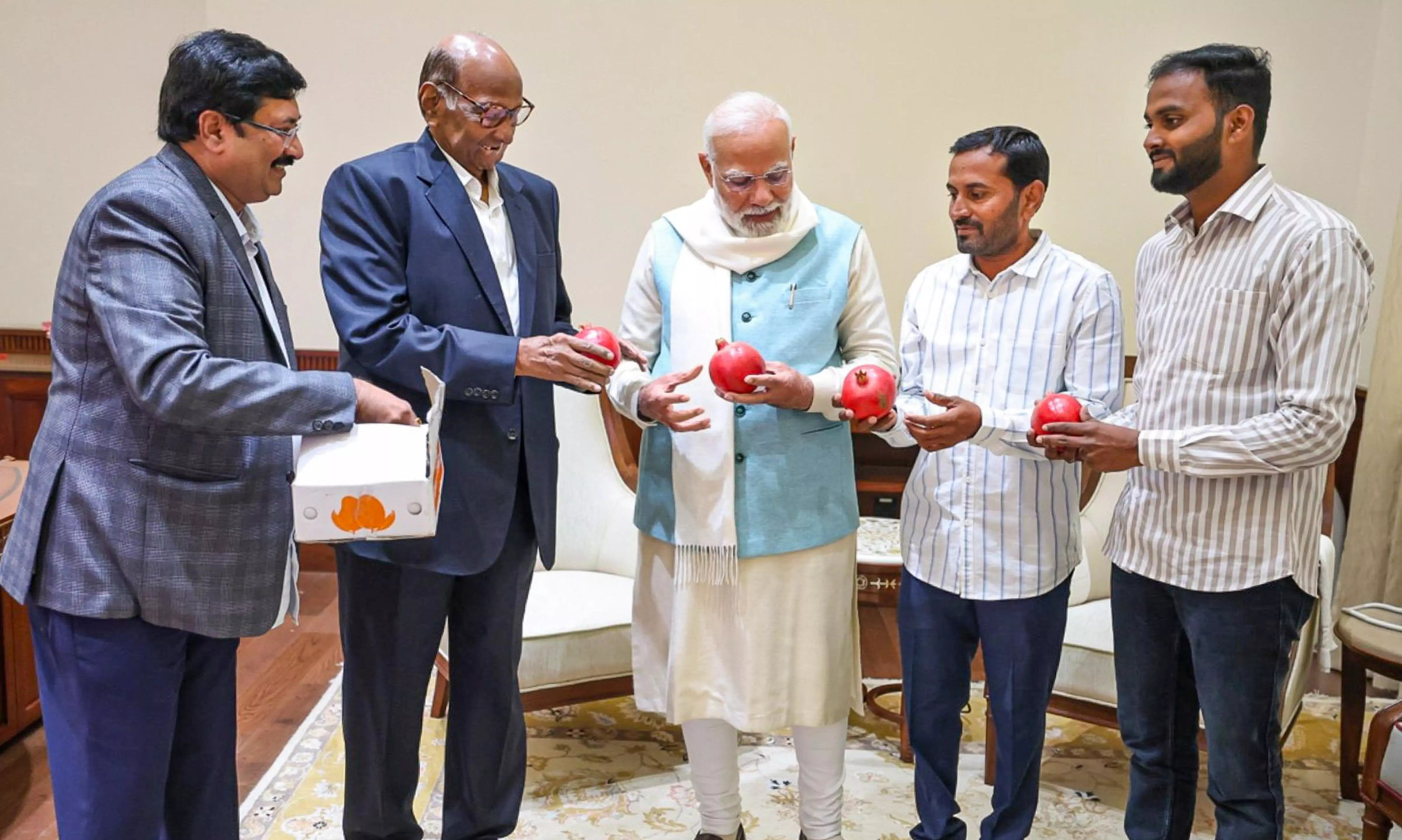 Sharad Pawar meets PM Modi with two Maharashtra farmers