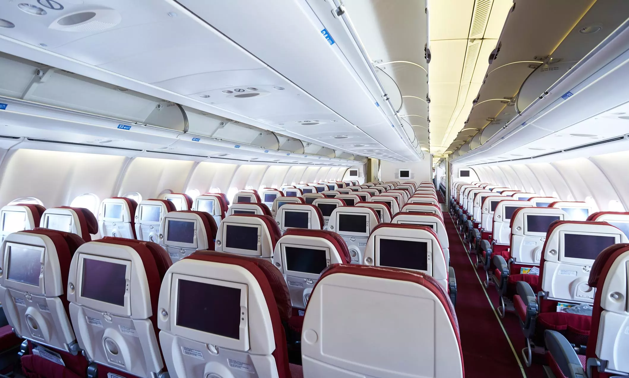 Seat rows in an airplane cabin. Interior of the passenger aircraft.