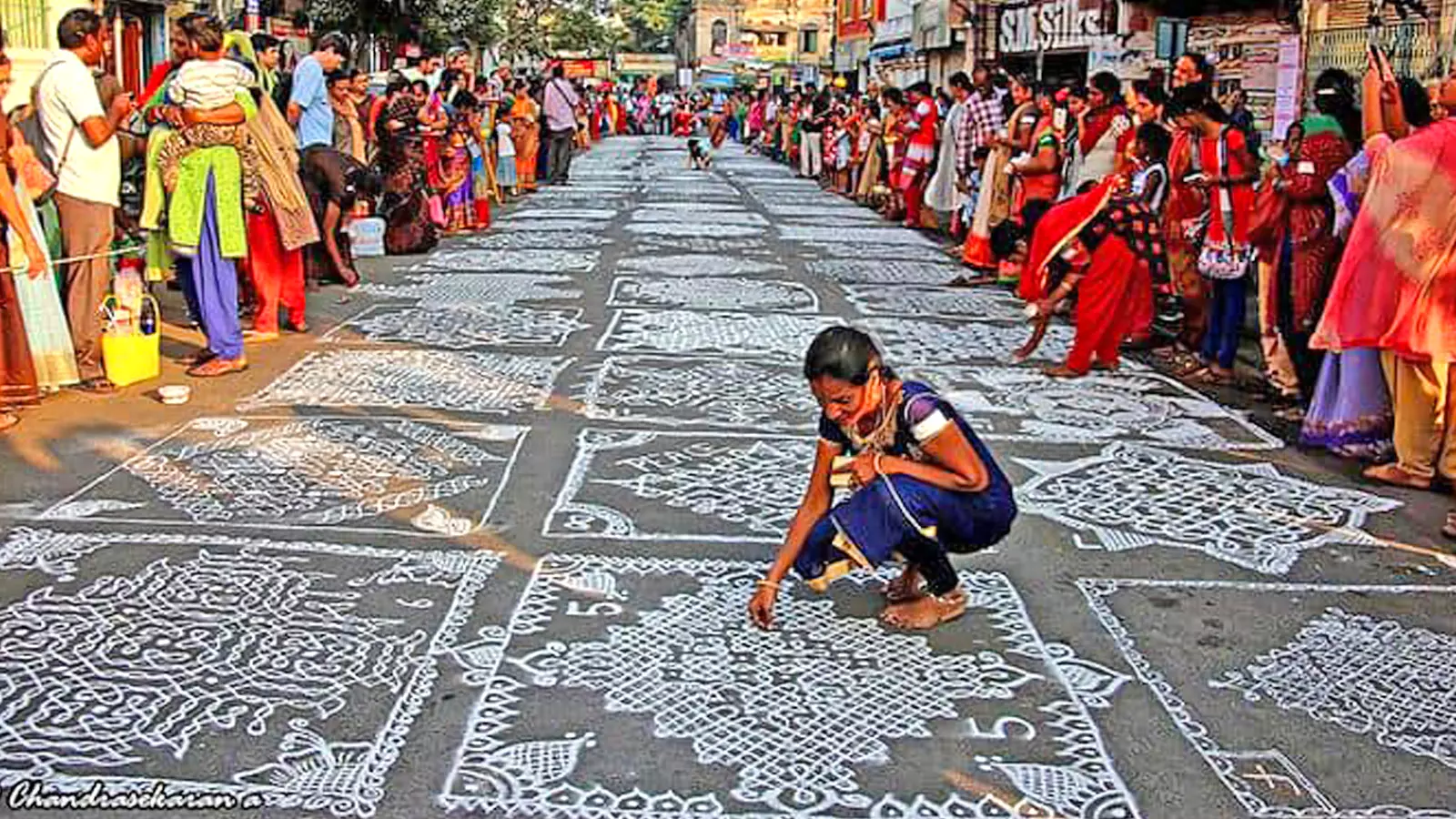 Kolams were originally drawn to feed birds and ants, and to invite all beings into the home. Photo: Facebook/Mylapore Festival